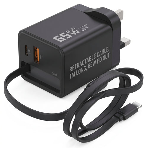 Black 65W retractable USB-C charger with a coiled 1m black charging cable, featuring white printed text and UK three-pin plug, on a white background.