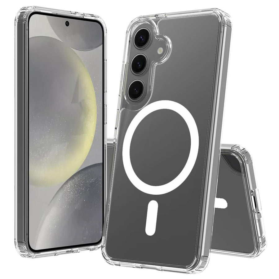 Front and back view of Samsung Galaxy S24 and S25 clear case with white MagSafe magnetic ring