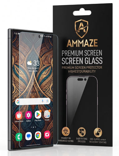 Ammaze screen protector packaging with a smartphone displaying app icons.