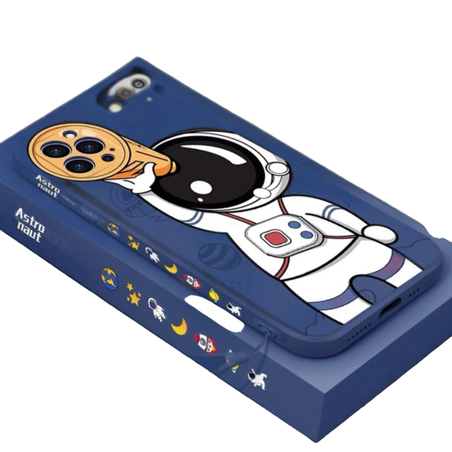 A silicone phone case with a graphic design of an astronaut and space-themed elements on a blue background.