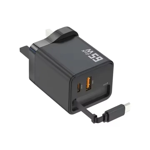 Black power adapter with USB ports on a white background with retractable cable