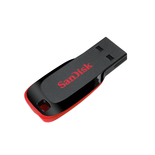 SanDisk Cruzer Blade USB flash drive in black and red – angled view
