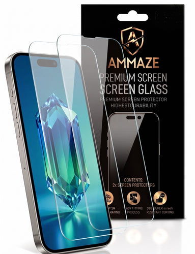 Two clear tempered glass screen protectors shown in front of a smartphone, with the black retail packaging behind them. The packaging displays the brand name 'AMMAZE' and reads 'PREMIUM SCREEN GLASS'.