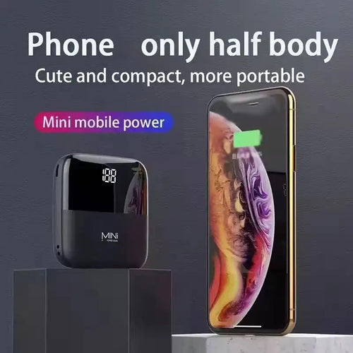 Mini powerbank next to phone for size comparison