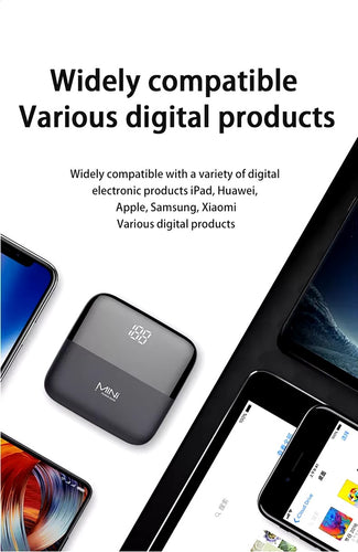 picture of mini powerbank with a selection of devices that it is compatible with