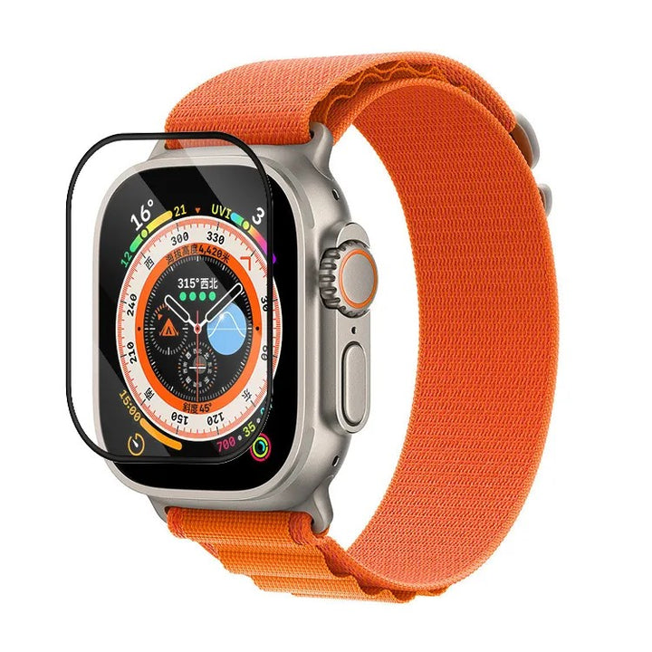 Black-edged screen protector above an Apple Watch with orange strap