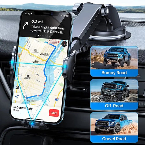 view of the dashboard mounted phone holder, holding a phone and demonstrating it's stability over rough roads