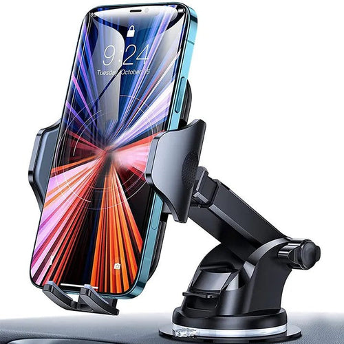 photo of the phone holder attached to a dashboard and holding a phone