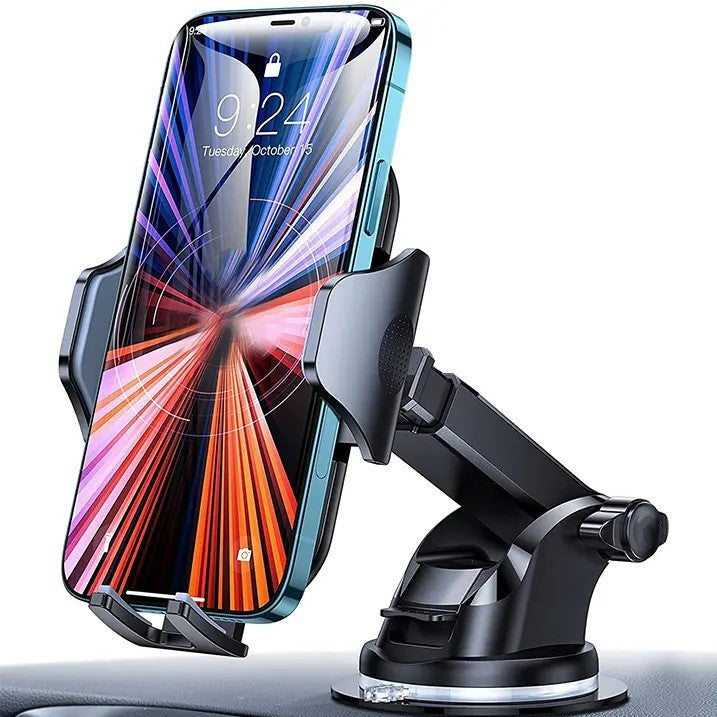 photo of the phone holder attached to a dashboard and holding a phone