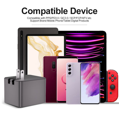 A promotional graphic showing a wall charger and plug adapter in front of several compatible devices, including tablets, smartphones, and a Nintendo Switch, with text reading 'Compatible Device' 