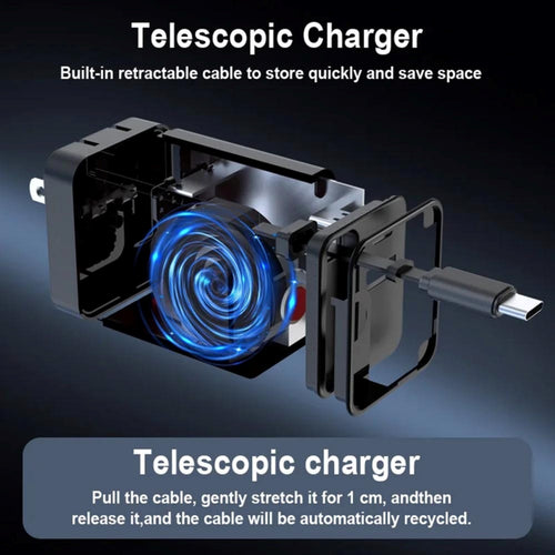 Telescopic charger product render on a dark blue background with text explaining its built-in retractable cable and automatic cable recycling when the cable is stretched.