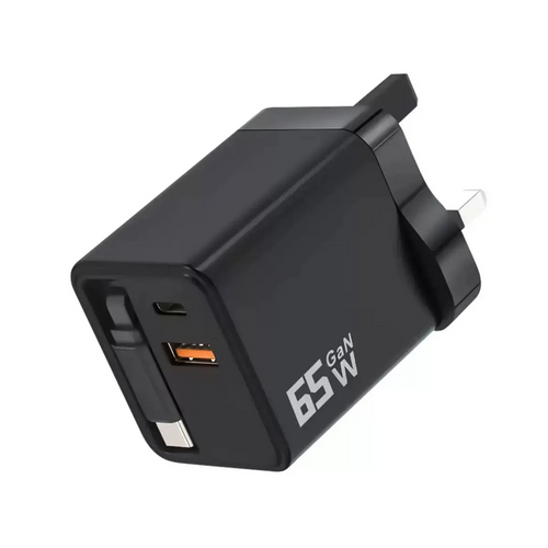 Black power adapter with USB-C port and 65W label on a white background