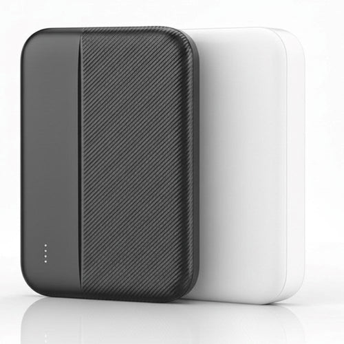 Black and White Slim Power bank on white background standing right next to each other