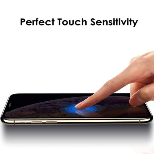 Glass screen protector for Apple iphone with perfect touch sensitivity shown by finger touching the phone surface, small splash below finger